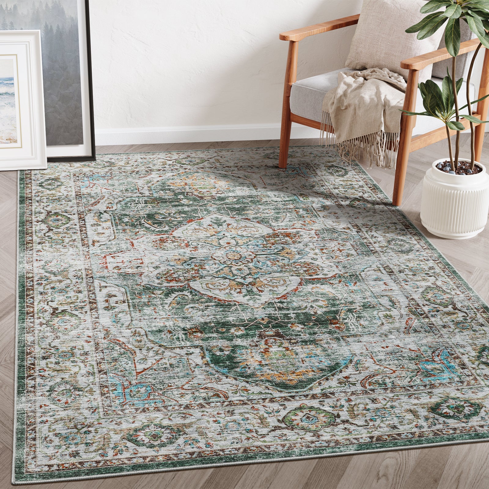 Viridian Castle Rug: Timeless Elegance with Washable, Spill-Proof Design